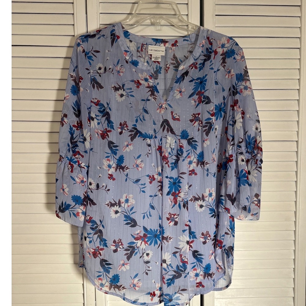 Liz Claiborne Blue Floral Bell Sleeve Blouse Metallic Stripe Lined Large